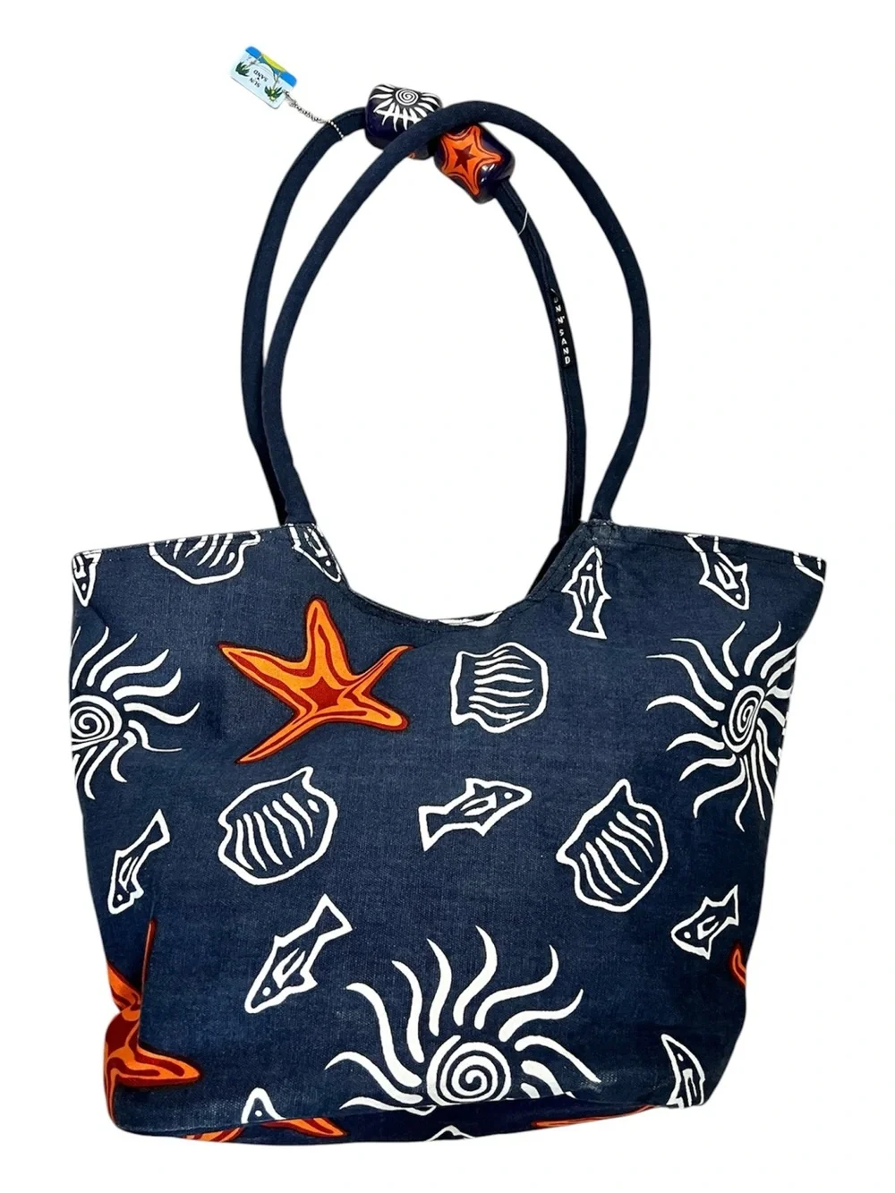 Sun N Sand Navy Beach Tote with Orange Starfish and White Shell Print